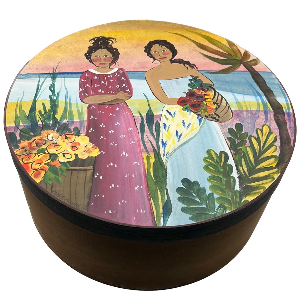 Vintage Shaker Style Handpainted Round Wood Trinket Box Folk Art Tahitian